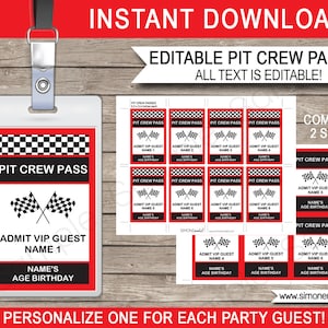 Race Car Pit Crew Passes - Birthday Party Decorations - Racing Car Theme Printable Template - INSTANT DOWNLOAD - EDITABLE Text