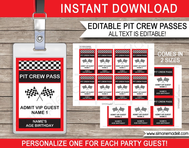 Race Car Pit Crew Passes - Birthday Party Decorations - Racing Car Theme Printable Template - INSTANT DOWNLOAD - EDITABLE Text