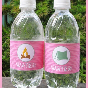 Girl Camping Party Water Bottle Labels or Wrappers - INSTANT DOWNLOAD ...