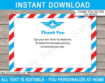 Airplane Thank You Note Cards Printable Template - Plane Birthday Party Theme - Favor Tags - 4x6 inch - INSTANT DOWNLOAD with EDITABLE text