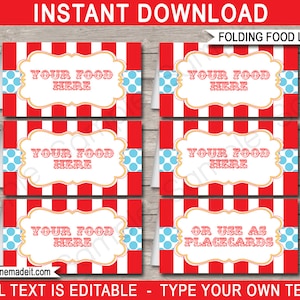 Circus voedseletiketten sjabloon - afdrukbare carnavalsversieringen - Circus thema - plaatskaarten - verjaardagsfeestje - INSTANT DOWNLOAD tekst BEWERKBAAR