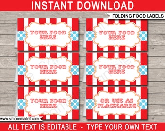 Circus Food Labels Template: Editable Carnival Place Cards (INSTANT DOWNLOAD)