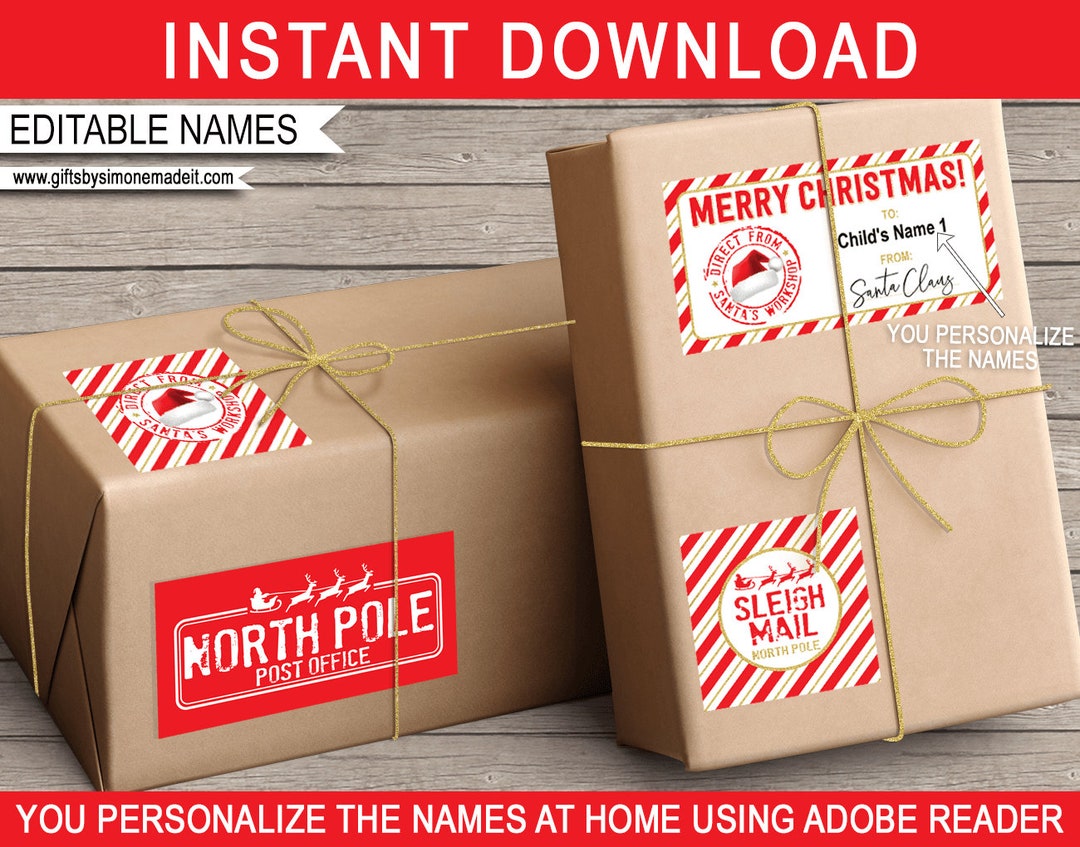 From Santa Gift Tags North Pole Christmas Labels Stickers Printable Template - Sleigh Mail - Red ...