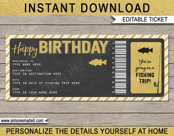 Printable Fishing Birthday Gift Voucher Pass Certificate Ticket - Fishing  Trip Holiday Vacation - Gold - DIY Coupon - EDITABLE Text DOWNLOAD