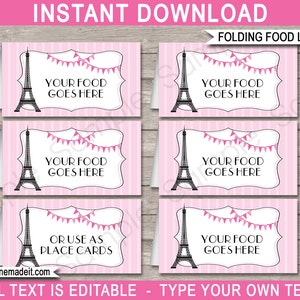 Paris Food Labels Template Printable Paris Theme Birthday Party Decorations Buffet Tags EDITABLE TEXT DOWNLOAD you personalize image 1