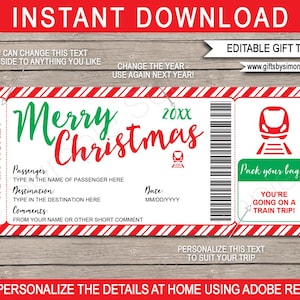 Modello stampabile biglietto treno di Natale Carta d'imbarco regalo - Viaggio in treno a sorpresa - Ferrovia - Buono - DOWNLOAD IMMEDIATO testo MODIFICABILE