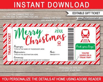 Op de afbeelding: Een kersttreinticketontwerp met een rood-witte gestreepte rand. Het ticket bevat de woorden "Merry Christmas" in groen en rood, samen met ruimte voor passagiersgegevens en een treingrafiek.