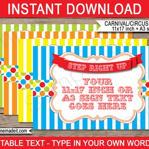 Carnival Game Signs Template - Circus Theme Birthday Party Decorations - INSTANT DOWNLOAD with EDITABLE text - pdf - 11x17 inch & A3 sizes