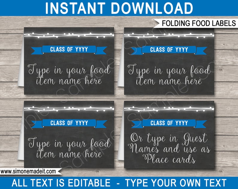 Pode incluir: Quatro etiquetas de comida imprim&iacute;veis com fundo de quadro-negro e luzes de corda brancas. As etiquetas apresentam o texto "Classe de YYYY" e uma fita azul. O texto "Digite o nome do seu alimento aqui" aparece em tr&ecirc;s das etiquetas. A quarta etiqueta diz "Ou digite os nomes dos convidados e use-os como cart&otilde;es de lugar".