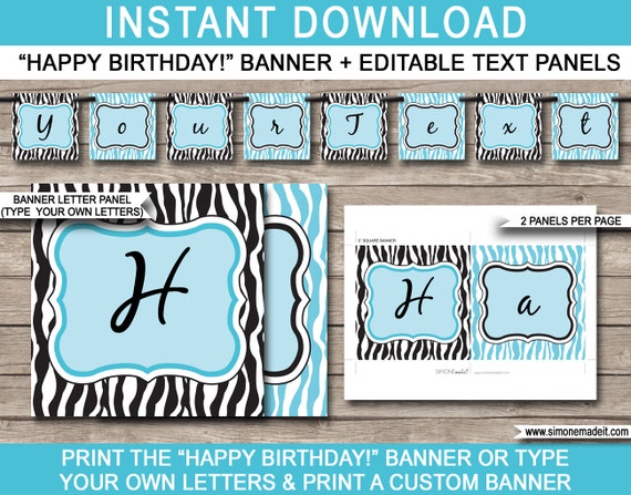 Turquoise Zebra Birthday Banner Happy Birthday Banner Etsy