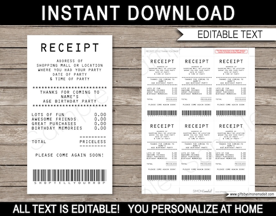 Credit Card Receipt Favor Tag Template Printable Shopping 