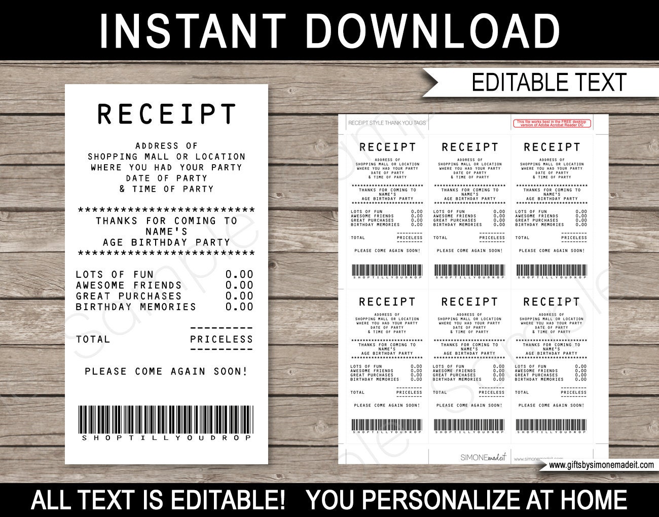 Credit Card Receipt Favor Tag Template Printable Shopping Etsy Australia