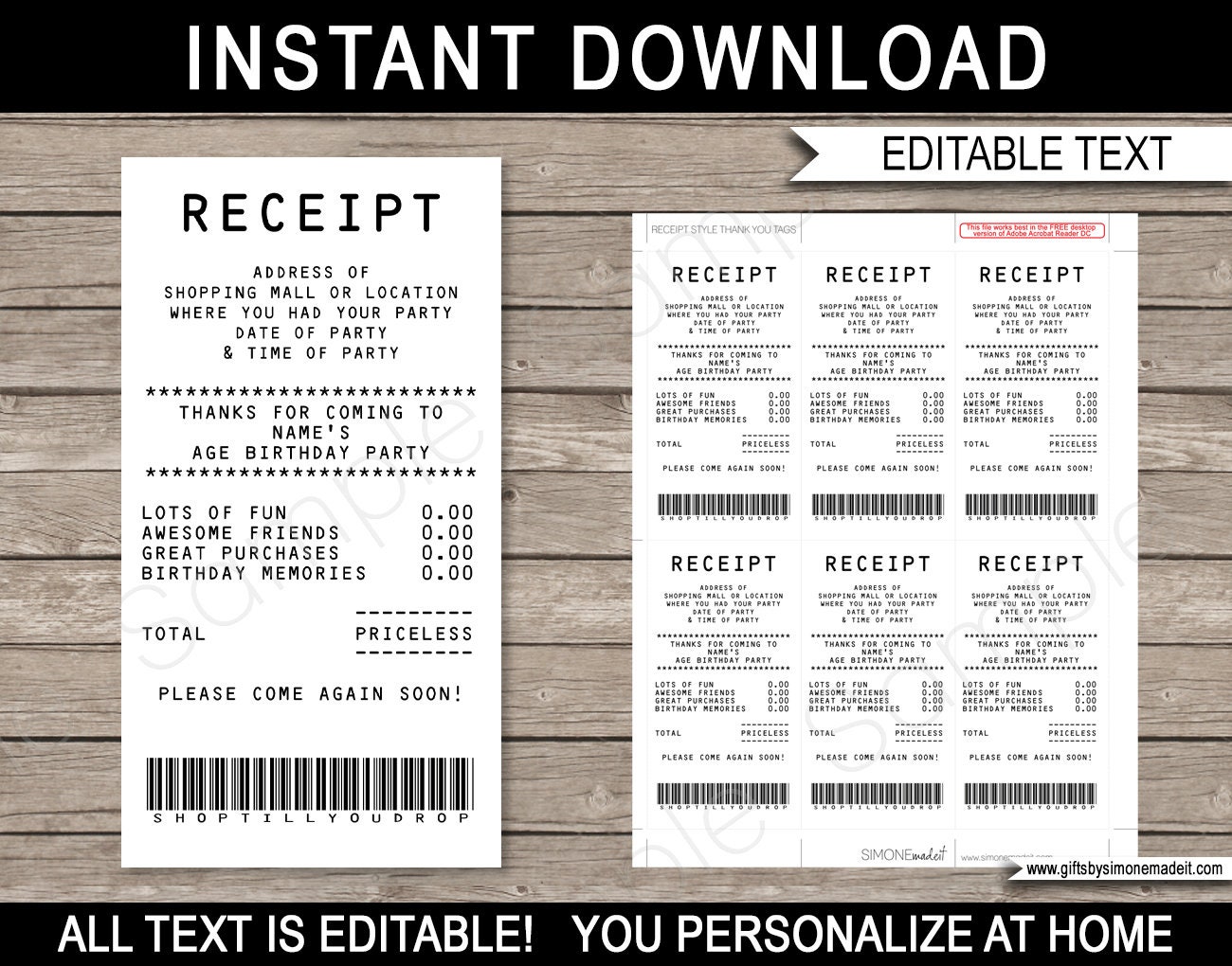 Credit Card Receipt Favor Tag Template Printable Shopping 