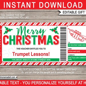 Trumpet Lessons Gift Voucher Certificate Ticket Template - Printable Christmas - Instrument Purchase - INSTANT DOWNLOAD with EDITABLE text