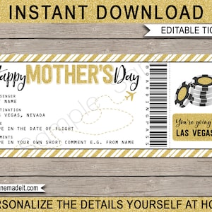 Las Vegas Mothers Day Boarding Pass Fake Plane Ticket - Surprise Trip to Las Vegas - INSTANT DOWNLOAD with EDITABLE text printable template
