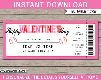 Valentine's Day Printable Baseball Game Ticket Gift Voucher - Surprise Ticket to a Baseball Game - INSTANT DOWNLOAD with EDITABLE text