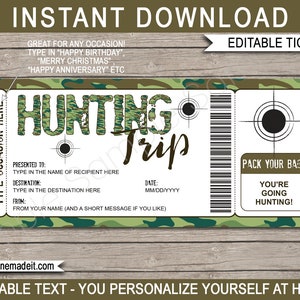 Jagdausflug Ticket Geschenkgutschein Zertifikat Grün Camo - Überraschung Jagdurlaub Urlaub offenbaren - INSTANT DOWNLOAD - EDITIERBAR