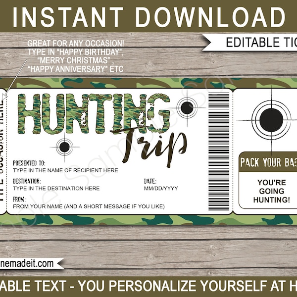 Hunting Trip Ticket Printable Gift Voucher Certificate Green Camo -  Surprise Hunting Holiday Vacation Reveal - INSTANT DOWNLOAD - EDITABLE