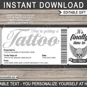 Modèle personnalisé imprimable de carte-cadeau de tatouage - Conception de crâne humain avec des ailes - Obtenez l'encre - Texte de téléchargement instantané MODIFIABLE