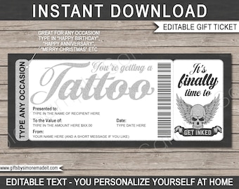 Tattoo Gift Certificate Card Voucher Printable Custom Template - Human Skull with Wings Design - Get Inked - INSTANT DOWNLOAD text EDITABLE