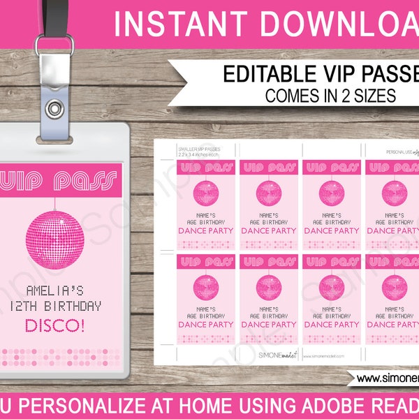 VIP Pass Template - Printable Disco Theme Birthday Party - Dance Party - Disco Ball - INSTANT DOWNLOAD with Editable Text