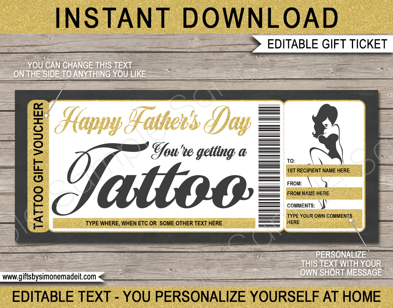 Tattoo Gift Voucher Template for Fathers Day - Printable Certificate Card  Ticket 22
