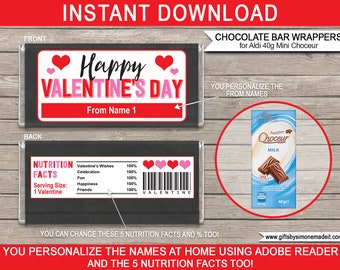 May include: Printable Valentine's Day chocolate bar wrappers for Aldi 40g Mini Choceur. The wrappers feature a red and pink heart design with the text "Happy Valentine's Day" and "From Name 1". The back of the wrapper has a chalkboard design with nutrition facts and a barcode.