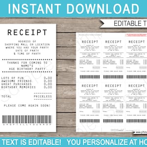 Receipt Favor Tag Template - Printable Shopping Mall Thank You Gift Tags - Mall Crawl Scavenger Hunt Birthday Party - EDITABLE TEXT DOWNLOAD