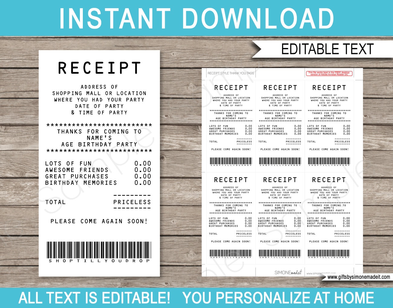 Receipt Favor Tag Template Printable Shopping Mall Thank You Etsy