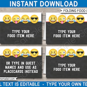 Emoji Food Labels Template - Printable Boys Theme Birthday Party Decorations - Folding Buffet Tags - Place Cards - Emoticon - EDITABLE TEXT