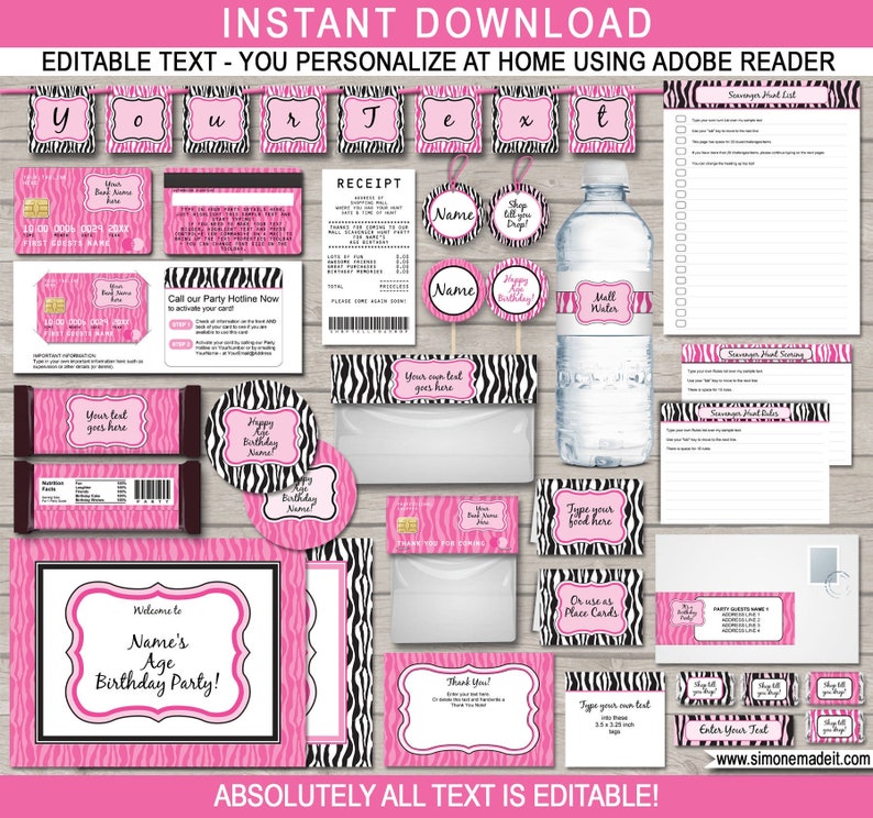 Pu&ograve; includere: Decorazioni per feste stampabili con un motivo a zebrato con strisce rosa e nere. Il set include un cartello di benvenuto, un modello di ricevuta, un'etichetta per bottiglia d'acqua, un biglietto di ringraziamento, un involucro per barretta di cioccolato, una borsa regalo e uno striscione.