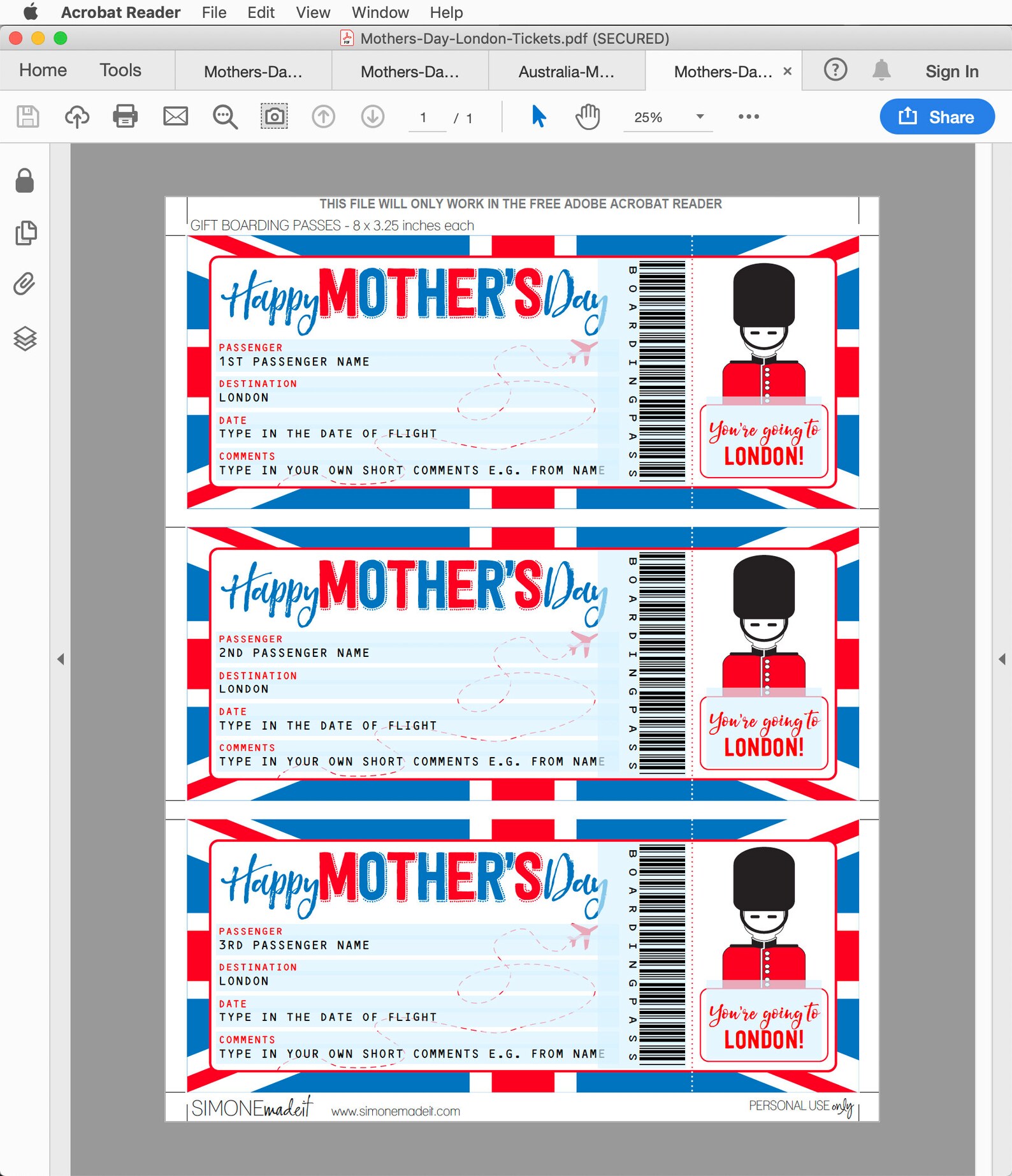 London Boarding Pass Fake Plane Ticket Template Surprise Etsy