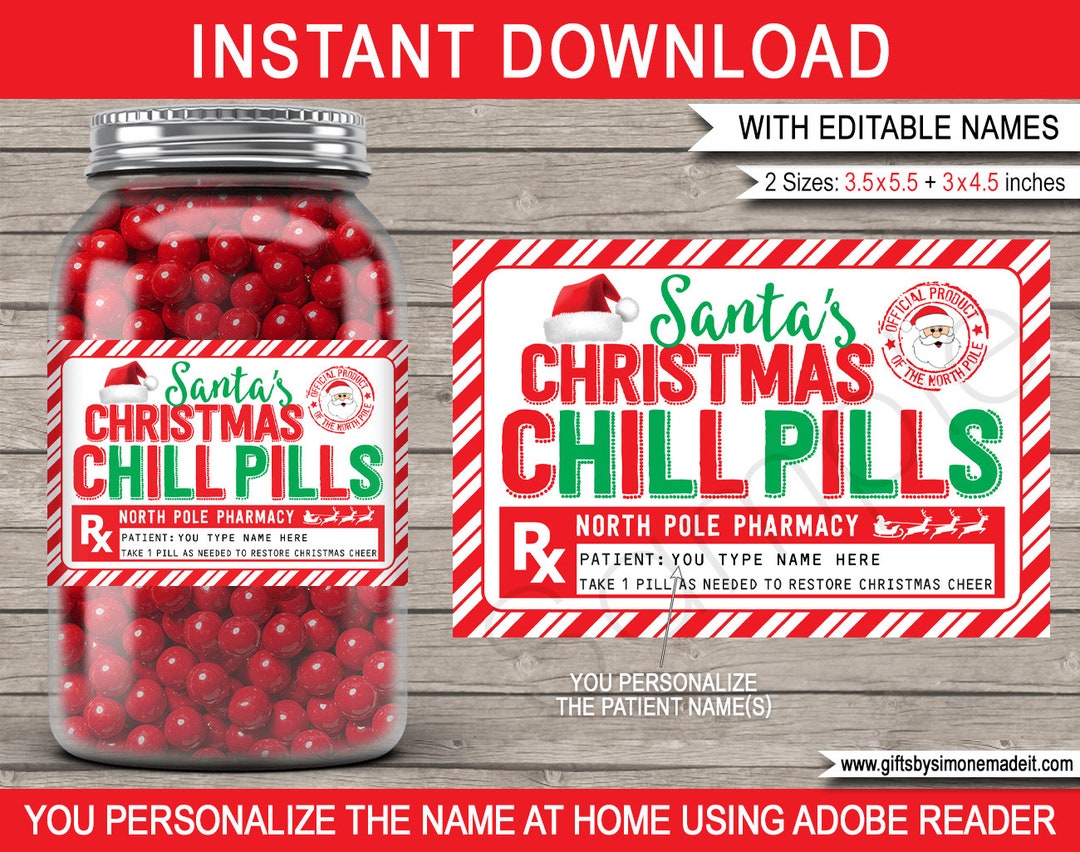 Chill Pill Label Printable Template Christmas Rx Sticker Holiday Party
