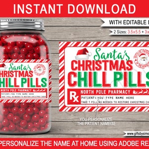 Modelo para impressão de etiqueta de pílula fria - adesivo Rx de Natal - presente para festa de fim de ano - Farmácia do Pólo Norte - Nome do paciente EDITÁVEL DOWNLOAD
