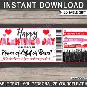 Reveal Concert Ticket Valentines Day Printable Gift Voucher Certificate - Surprise Rock Band Artist - INSTANT DOWNLOAD with EDITABLE text