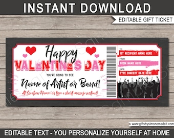 Cadeaubon voor Valentijnsdagconcertticket: bewerkbare tekst (direct downloaden)