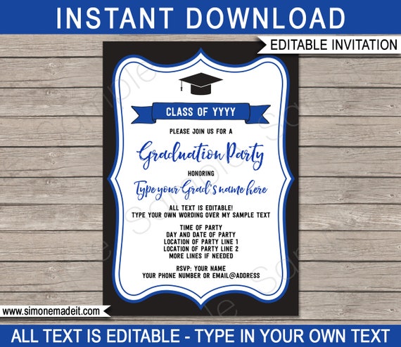 Graduation Party Invitations - black & royal blue - Printable Template - Any Year - Grad Invite - INSTANT DOWNLOAD with EDITABLE text Il_570xn