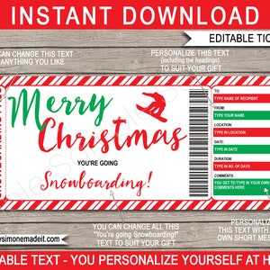 Snowboarding Ticket Template - Druckbares Weihnachtsgeschenk Gutschein Pass Zertifikat - Urlaub Urlaub - INSTANT DOWNLOAD Text EDITIERBAR