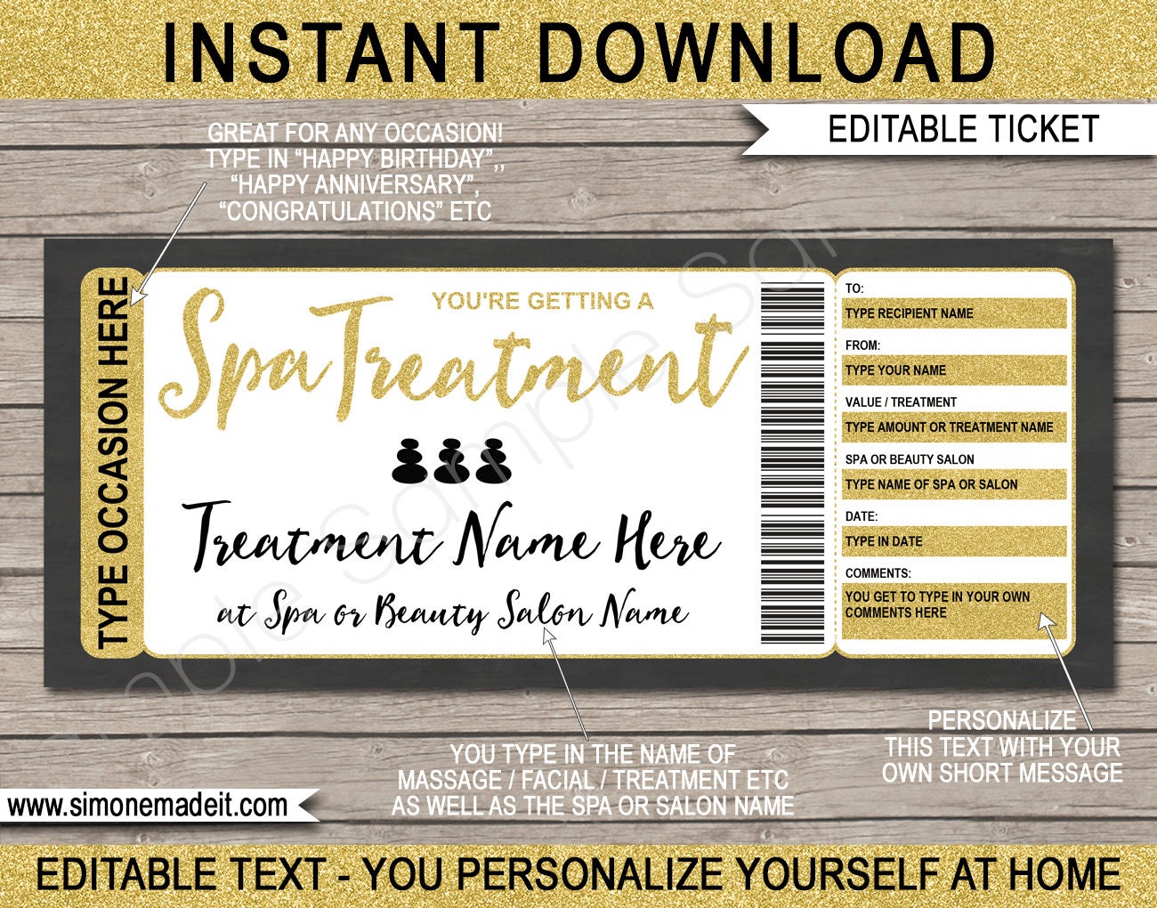 Spa Gift Voucher Certificate Printable Template - Massage Facial Body Spa  Treatment for Any Occasion - INSTANT DOWNLOAD with EDITABLE text Within Massage Gift Certificate Template Free Printable