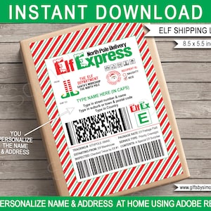 Modelo de etiquetas de envio de elfos - adesivos para presente de correio de Natal - grande - entrega expressa do Pólo Norte - DOWNLOAD INSTANTÂNEO - Nomes EDITÁVEIS