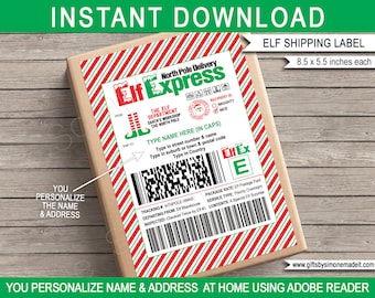 Elf Shipping Labels Template - Christmas Mail Gift Stickers - Large - Express Delivery from North Pole - INSTANT DOWNLOAD - EDITABLE Names