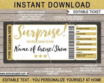 Surprise Concert Ticket Printable Editable Gift Voucher - Christmas Birthday Anniversary Retirement Graduation - Music Show Artist Theatre