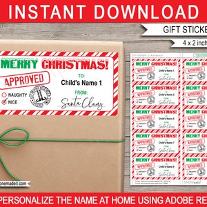 May include: Christmas gift stickers with a festive design. The stickers read "Merry Christmas!" and "Approved" with space to write a child's name and "Santa Claus" as the sender. Each sticker is 4 x 2 inches.