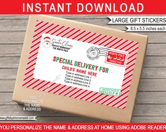 North Pole Mail Stickers Template - Large Printable Santa Shipping Labels Tags - INSTANT DOWNLOAD - EDITABLE Name & Address