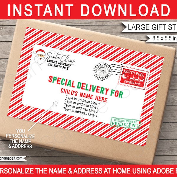 North Pole Mail Stickers Template - Large Printable Santa Shipping Labels Tags - INSTANT DOWNLOAD - EDITABLE Name & Address