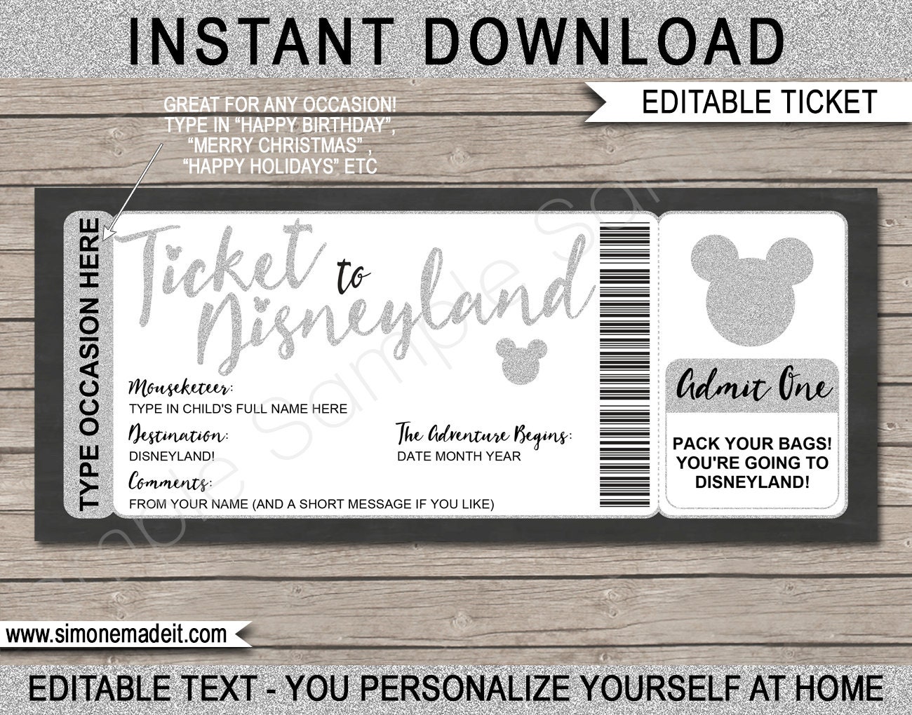 Disneyland Ticket Gift Printable Template Surprise Disney | Etsy