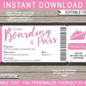 Surprise Cruise Ticket Boarding Pass Gift Template - Any Occasion - Pink - Printable Cruise Ship Boat Coupon - EDITABLE INSTANT DOWNLOAD