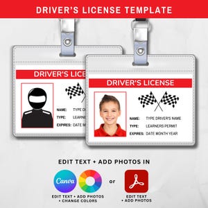 Race Car Driver’s License Template, Printable Birthday Party Favor, Canva and Adobe Reader PDF