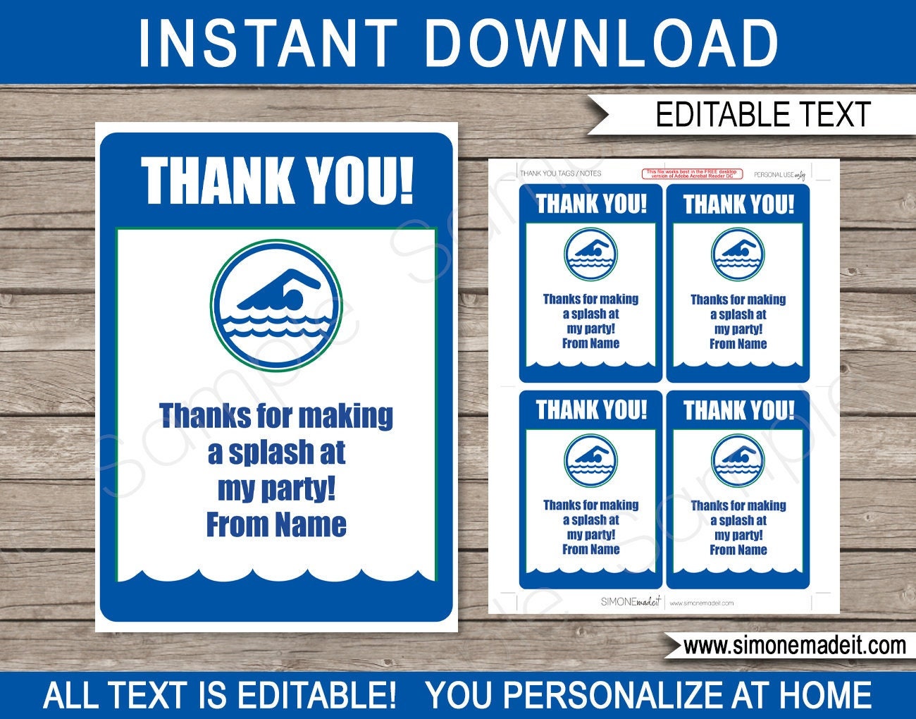 Pool Party Favor Tags: Editable Swimming Thank You (digital Download ...
