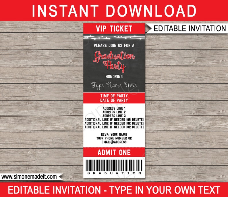 graduation party ticket invitation template red